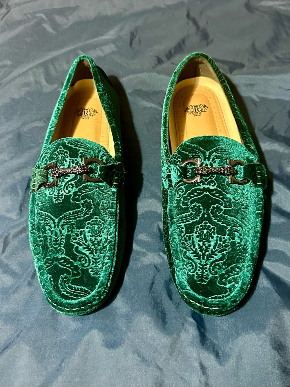 Men's Emerald Green Velvet Embroidered Slip-On Loafers